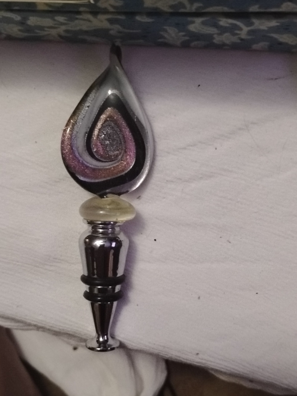 Glass Teardrop Decorative Finial in Black and Iridescent Pink